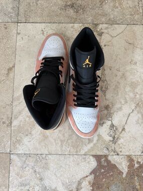 Air Jordan 1 Low Top Sneakers in White, Pink, Black with Gold Logo